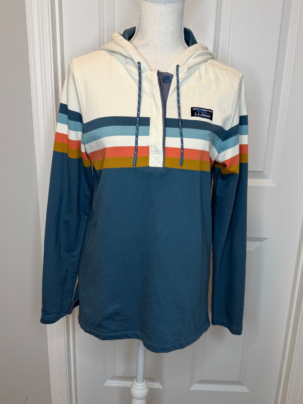 L.L. Bean Women’s Blue Cream Orange Vintage Soft Rugby Hoodie Small Colorblock
